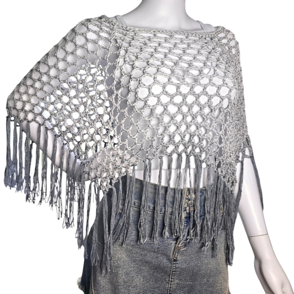 Handmade Crochet Shawl Women Gray Ombre Fringe Cotton Boho Poncho - Picture 8 of 10